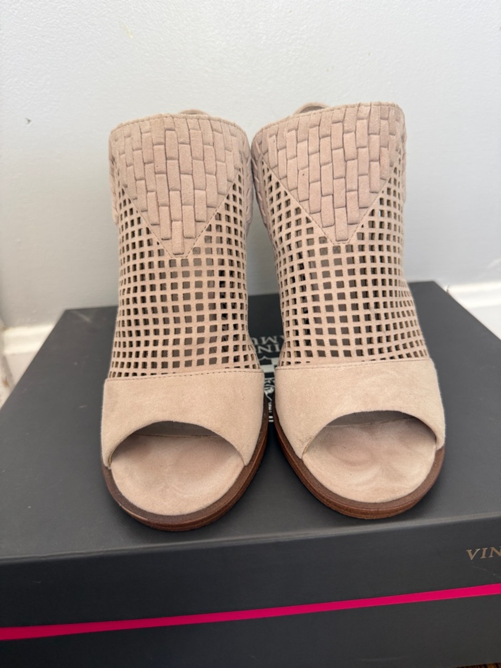 Vince Camuto Blush Suede Laser-Cut Peep-Toe Mules